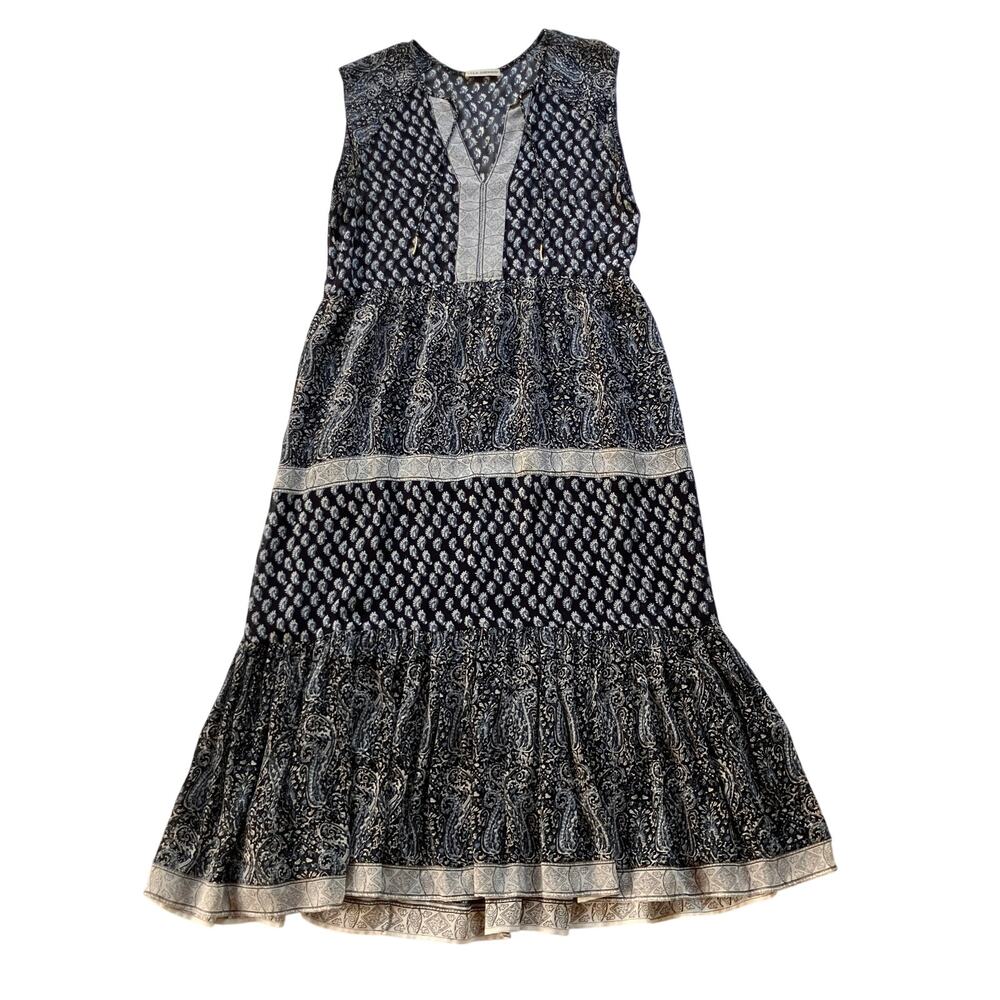 Ulla Johnson Silk Leena Midi Dress Size 6 Boho Blue Paisley Tiered Ruffle Hem